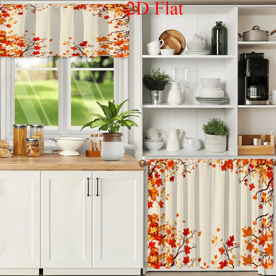 3-teiliges Küchenvorhang-Set mit Herbstblättermuster, Lebendige Herbstlaub-Fensterdekoration für Küche, Bad, Café und Heimdekoration – Detail 7