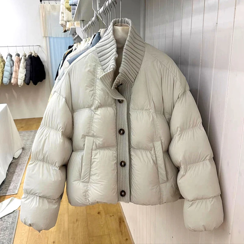 

Зимний вязаный пуховик с высоким воротом, женский толстый теплый пуховик, женская однобортная куртка-паркер на белом утином пуху
