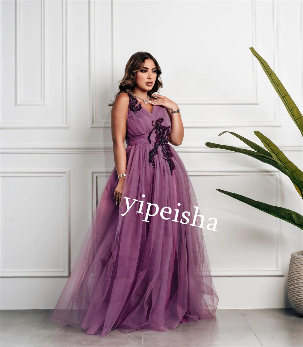 Jiayigong  Tulle Embroidery Beading Prom A-line V-neck Bespoke Occasion Gown Long Dresses Saudi Arabia