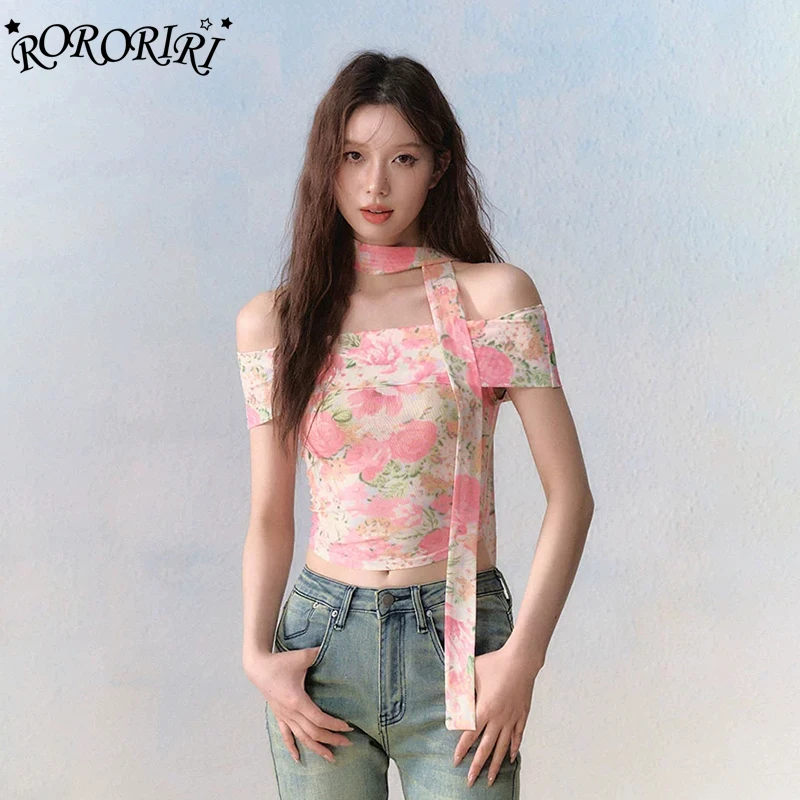 RORORIRI Grayu One-shoulder T-shirt Women Scarf Neck Flower Print Mesh Stretch Slim Short Sleeves Crop Top Casual Summer Clothes