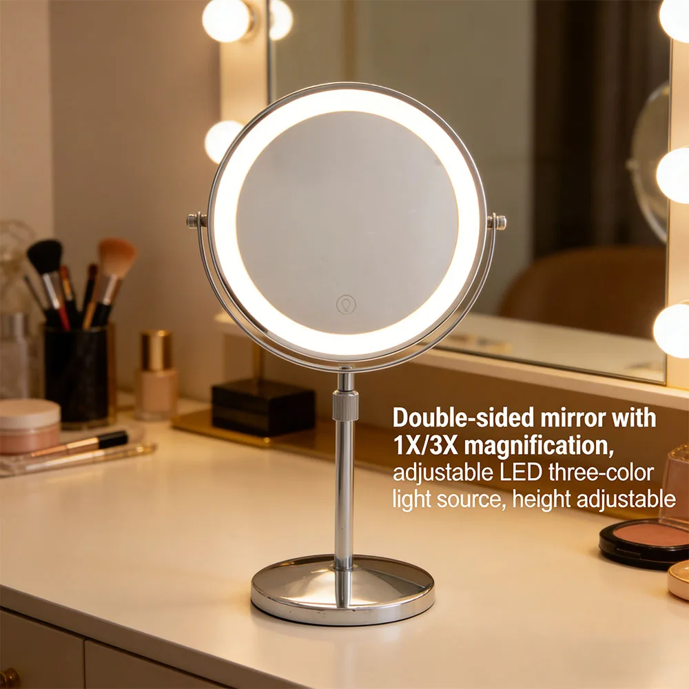3 Color Dimmable LED Vanity 3/10X Mirror Stainless Steel Construction Freely Adjustable Height Elegant Makeup Mirror for Bedroom