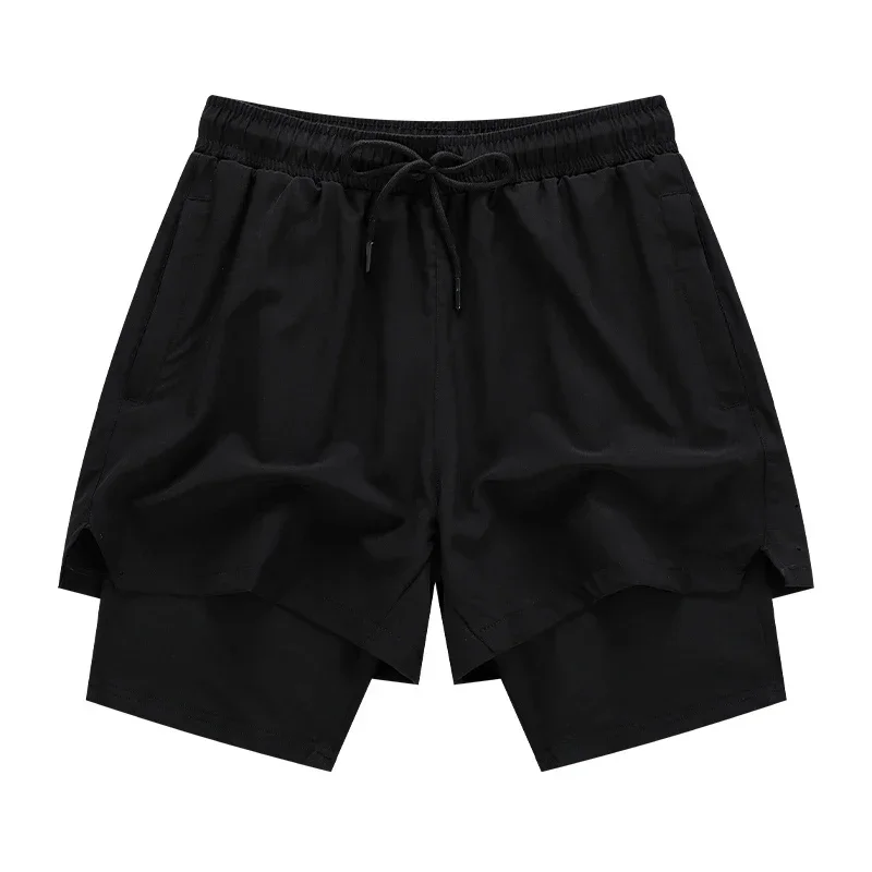 Calça de moletom fina 2 em 1 masculina, 2 em 1, corrida, academia, treinamento, shorts esportivos, bolsos com zíper, casual, calça dupla de fitness