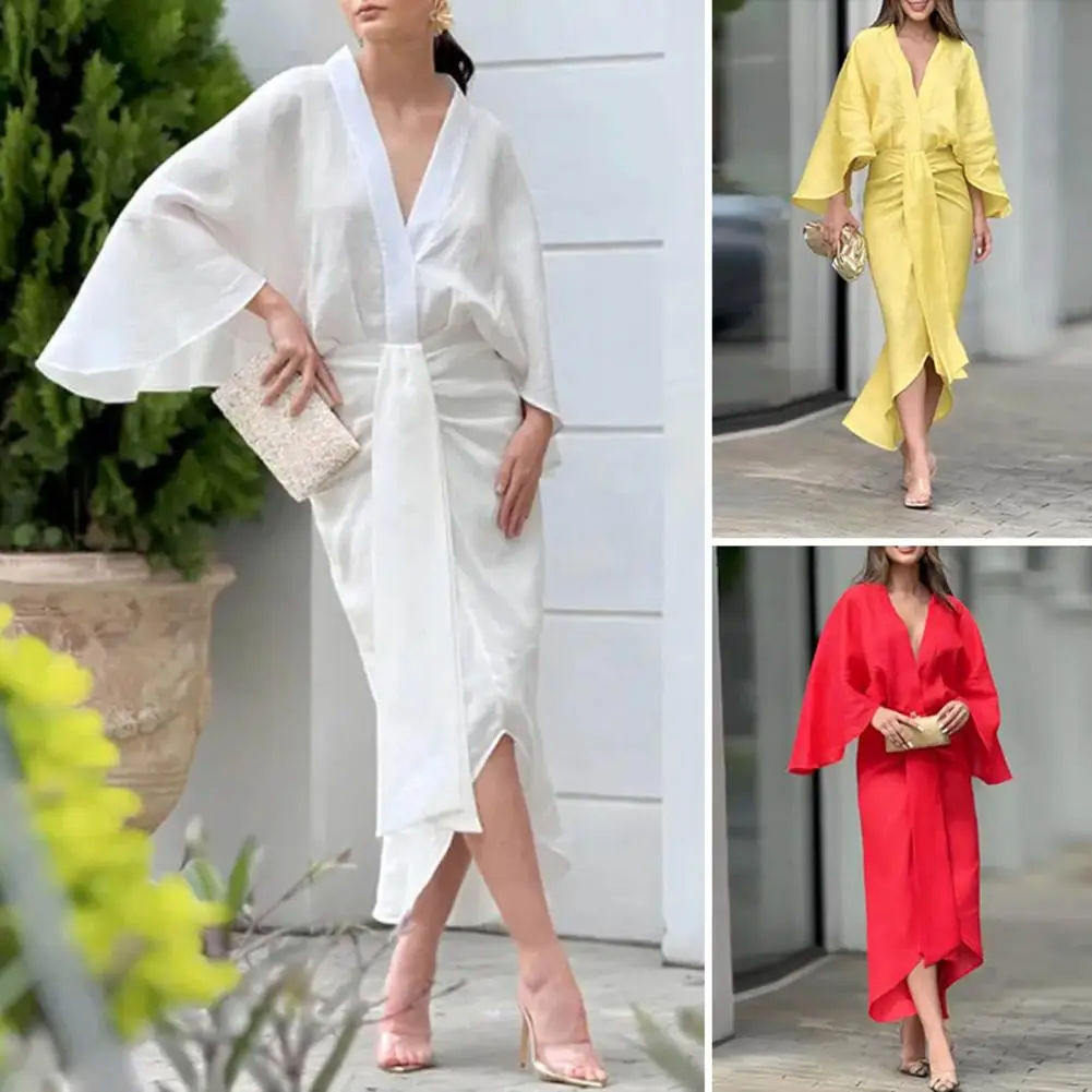 

Beach Party Dress Elegant Maxi Dress with Horn Sleeves Irregular Hem for Cocktail Parties Commuting Spring/summer Ankle-length