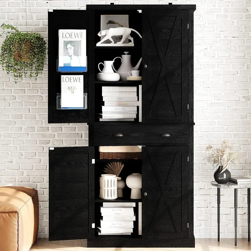 Kitchen Pantry Storage Cabinet 72" Height, with Barn Doors, Drawer, 4 Adjustable Shelves, Freestanding Cupboard image 2