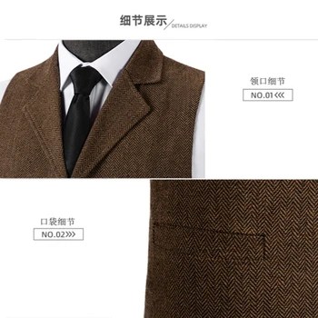 Wool Tweed Men's Suits Vest for Groomsmen Wedding Lapel Casual Slim Business Vests Sleeveless Waistcoat Male Gilet Homme Vests 6