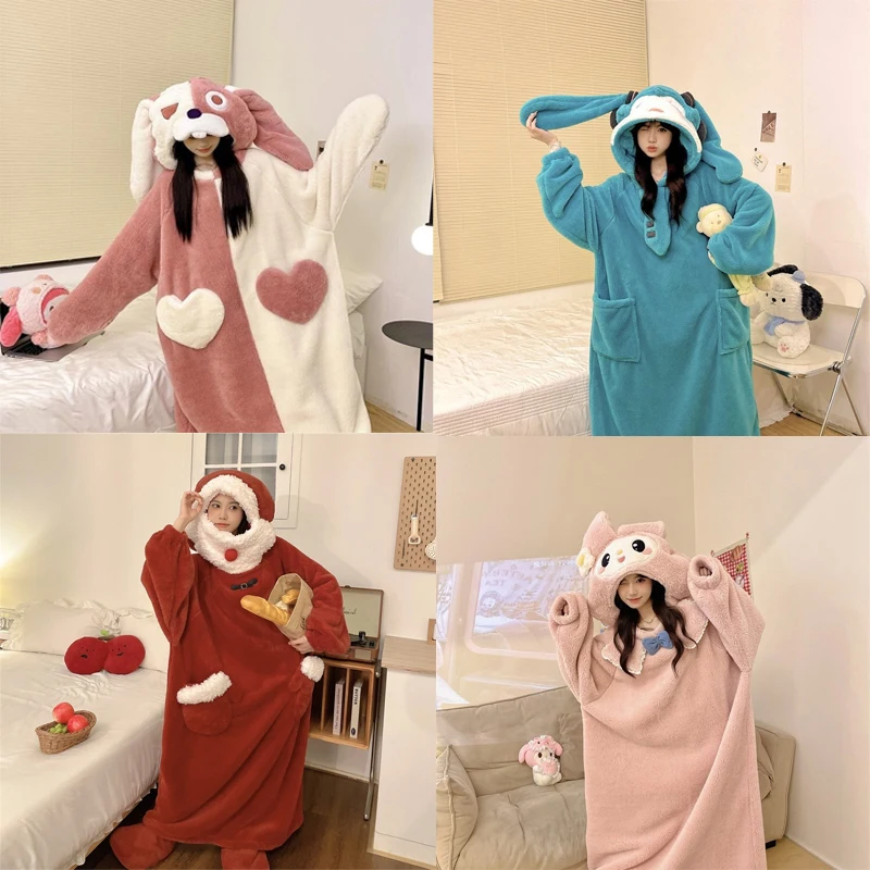 

Cute Cartoon My Melody Miku Coral Velvet One-piece Pajamas Kawaii Thickened Plush Pajamas Home clothes Fashion Christmas Gifts