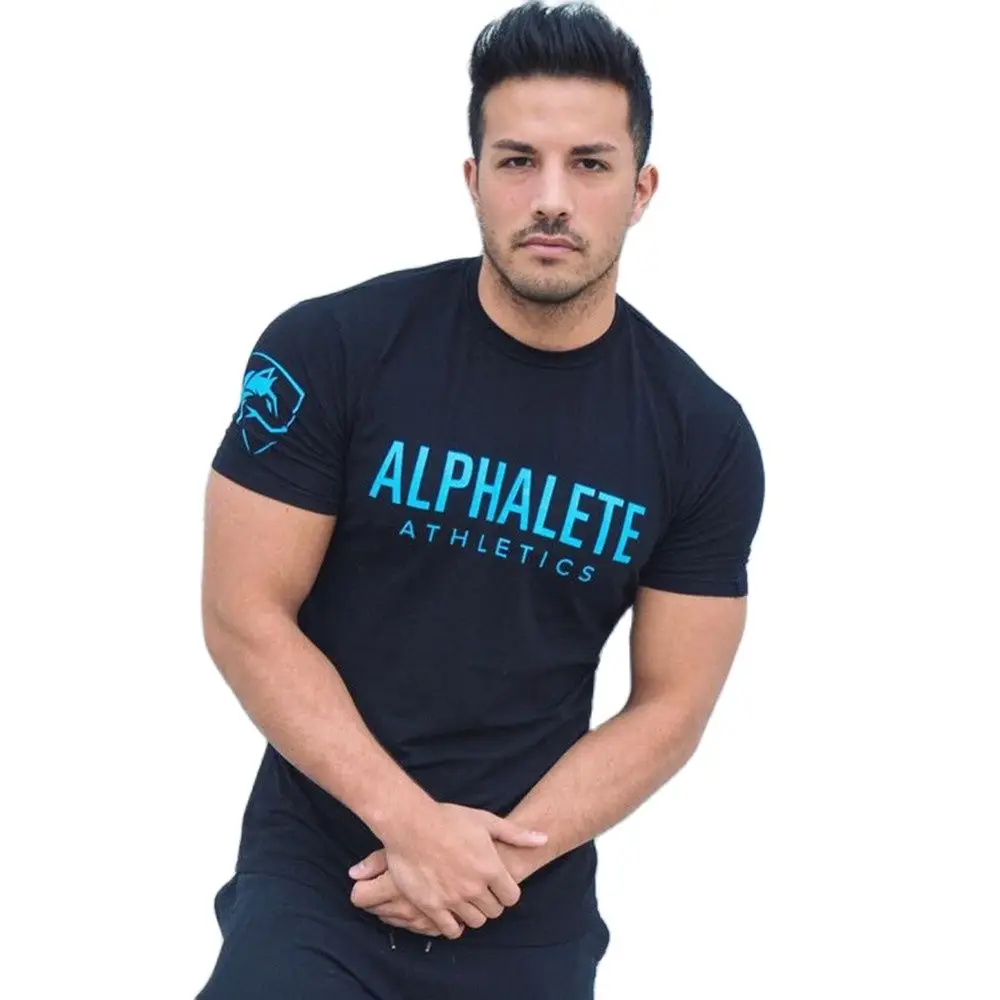 Cotton Running Sport T-shirt Men Gym Fitness Skinny Shirt Short Sleeve Print Tee Tops Male Summer Bodybuilding Training Clothing