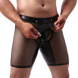 CLEVER-MENMODE Men Underwear Shorts Lingerie Sexy Mesh Transparent PU Leather Open Penis Pouch Long Leg Boxer Shorts Open Butt