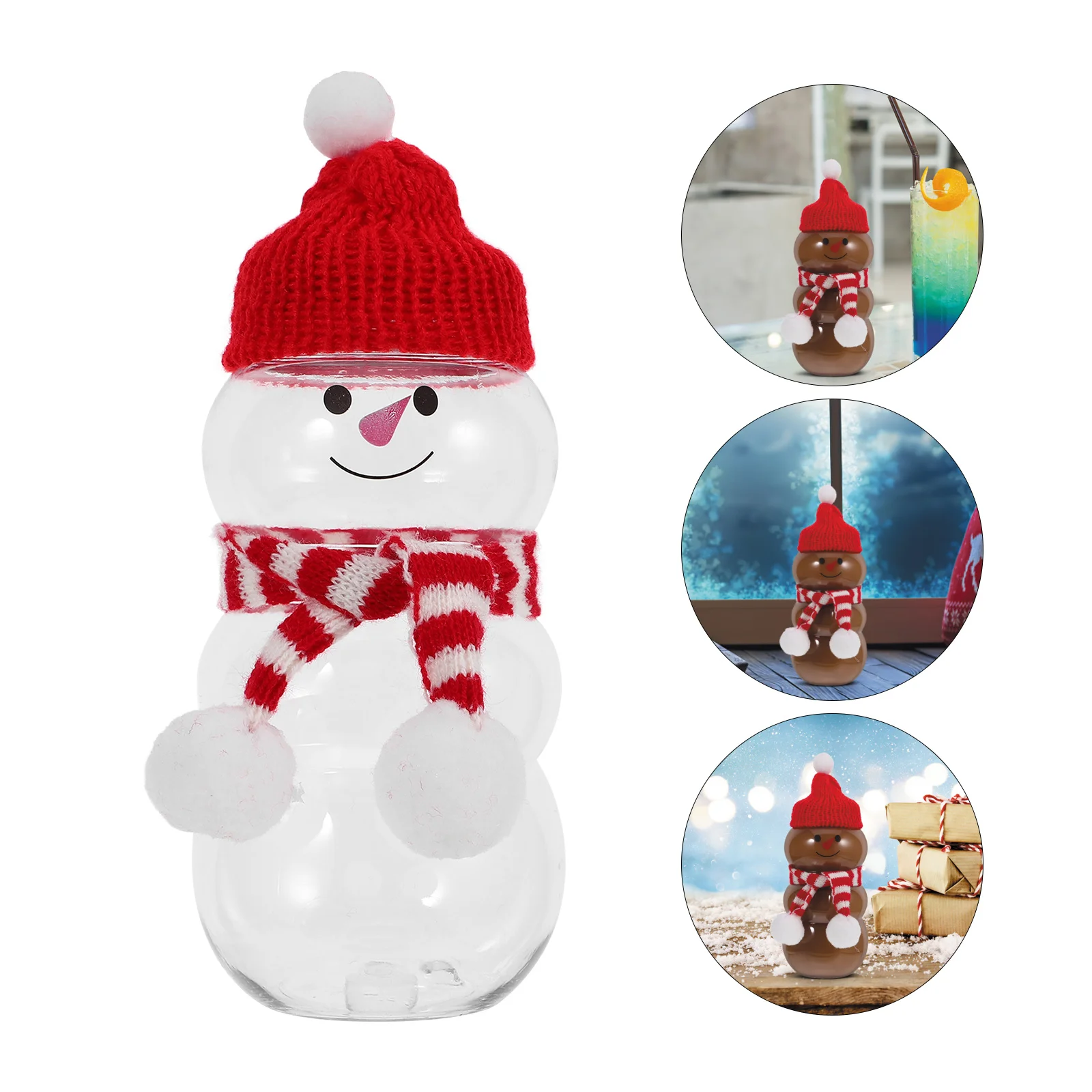 

6Sets Snowman Shaped Juice Bottles Christmas Beverage Containers Xmas Drink Jars Candy Bottles Caps Portable Beverage Jars