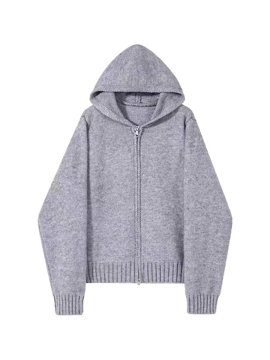 เสื้อคลุมไหมพรมแบบมีฮู้ด ซิปคู่ สไตล์เกาหลี สำหรับผู้หญิง ใส่ได้ทั้งฤดูใบไม้ผลิและฤดูใบไม้ร่วง ทรงหลวม สไตล์เรโทร ลำลอง