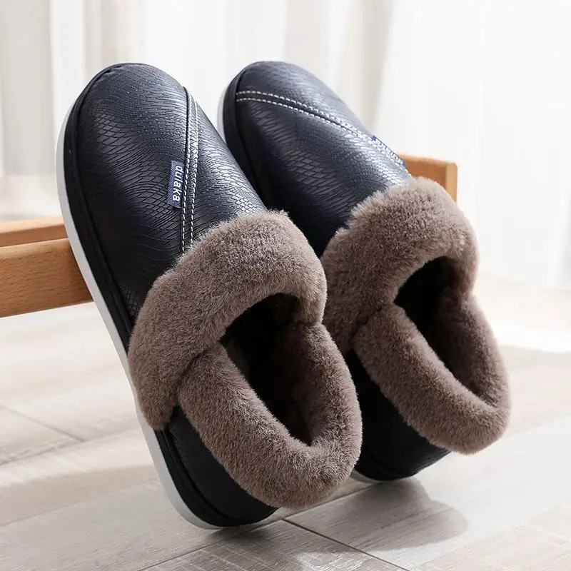 Winter Men's Slippers Plus Velvet Warm All-pack with Waterproof Leather Cotton Shoes Non-slip Household Comfort