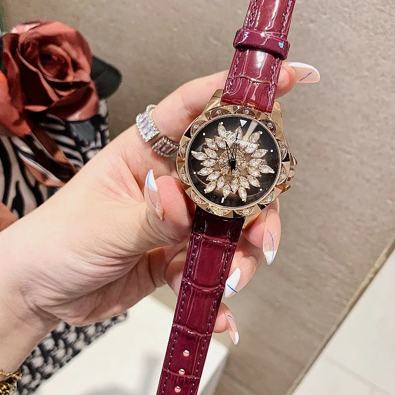 New Korean Diamond Studded Quartz Watch for Women with Rotating Dial and Glossy Leather Strap Waterproof