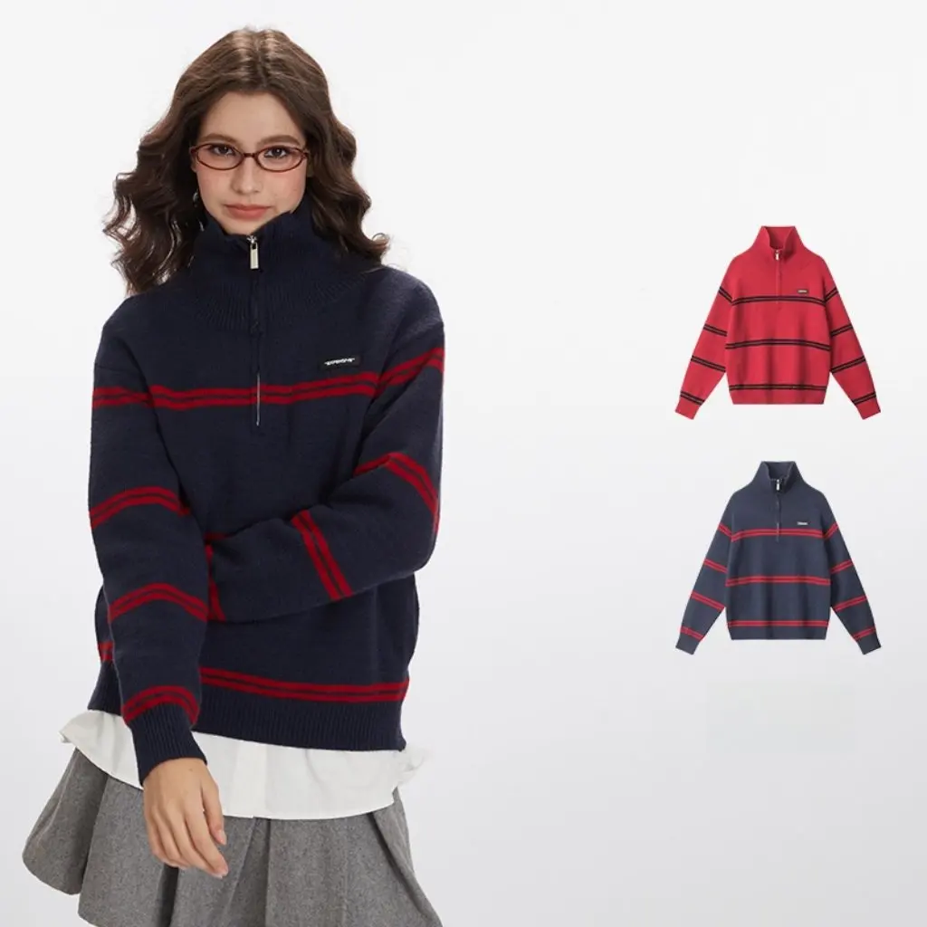 

HeyHenry Women's Lapel Half Zip Sweater European American Style Loose Fit Pullover Autumn Winter All-match Jacket