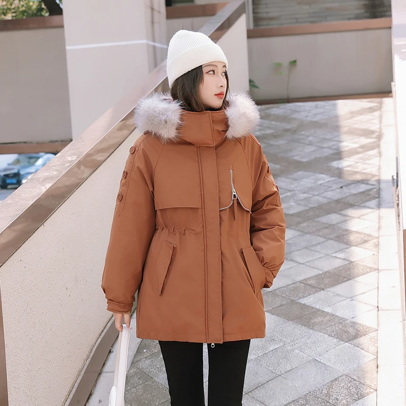 

Женское зимнее утепленное модное приталенное пальто с большим меховым воротником, хлопковая куртка, верхняя одежда, стильная и трендовая