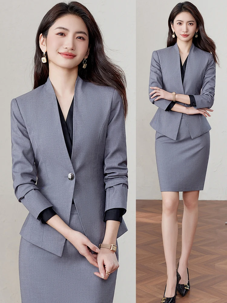 Gray Suit Set Women's Spring Autumn Professional High-End Formal Workwear Hotel Jewelry Store Uniform Commute Style Slim Fit