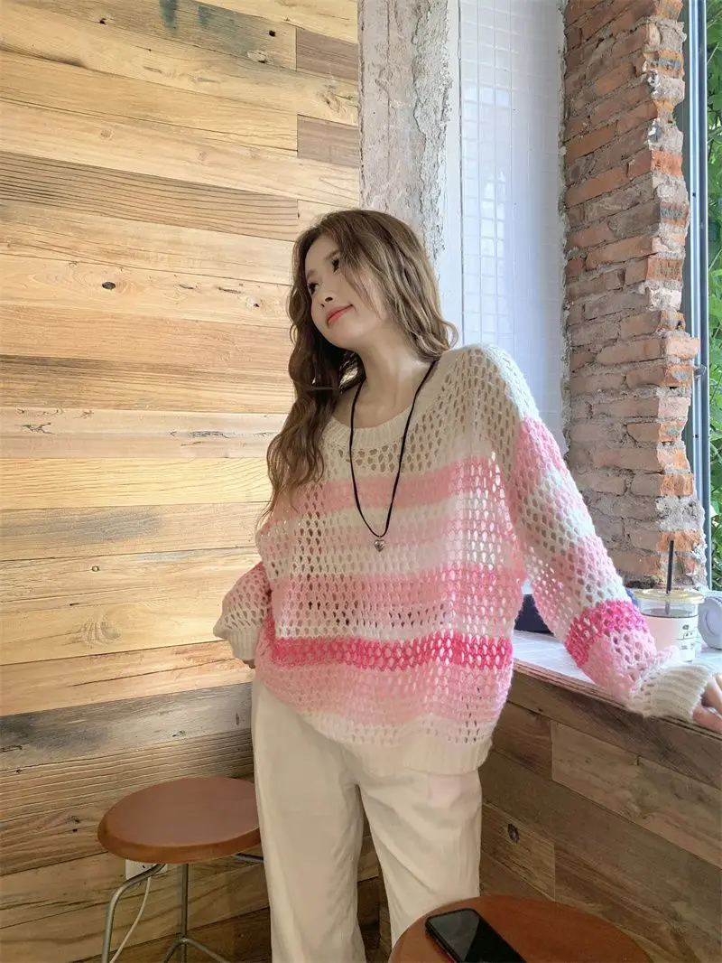 Pink Long Sleeve T-shirt Women Summer Thin Section Hollow Ice Silk Knit Sunscreen Coverall Korean Loose Tops Rainbow Stripes