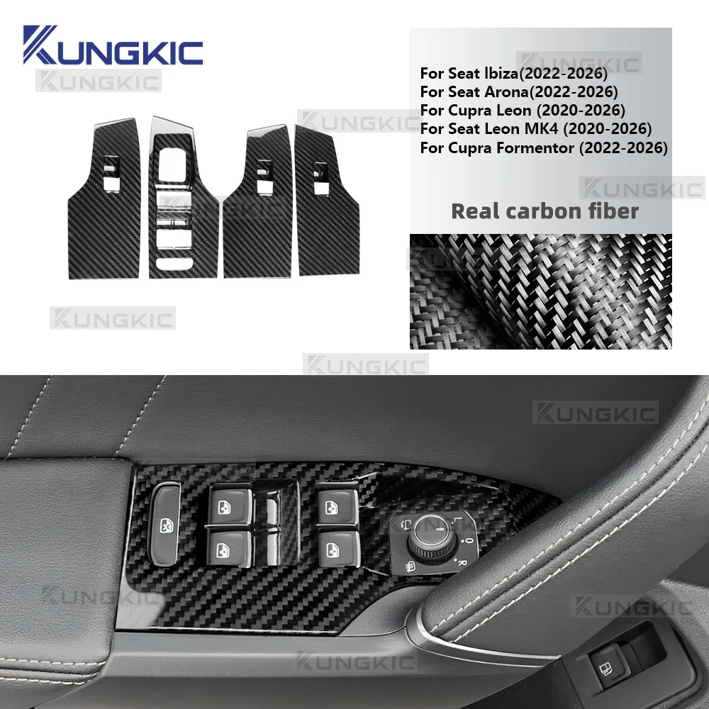 Real Dry Hard Carbon Fiber For SEAT CUPRA Leon 2021 2022 2023 2024 2025 2026 Car Window Switch Panel Frame Trim LHD Accessories
