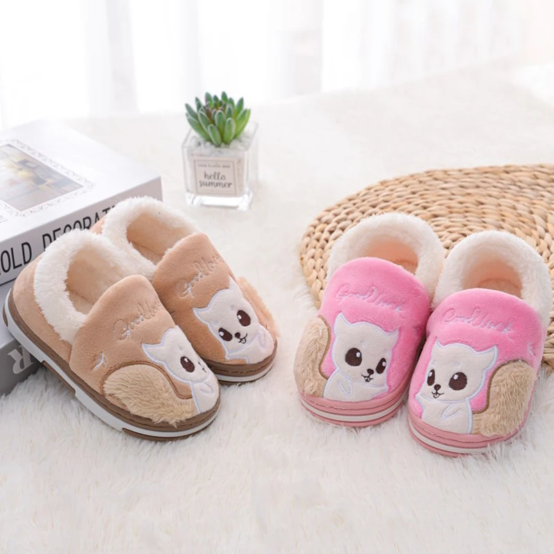 Toddler Baby Boys Slippers Girls Winter Shoes Casual Plush Warm Home Gear Anti-slip Sole Loafers Cartoon Squirrel Kids Footwear