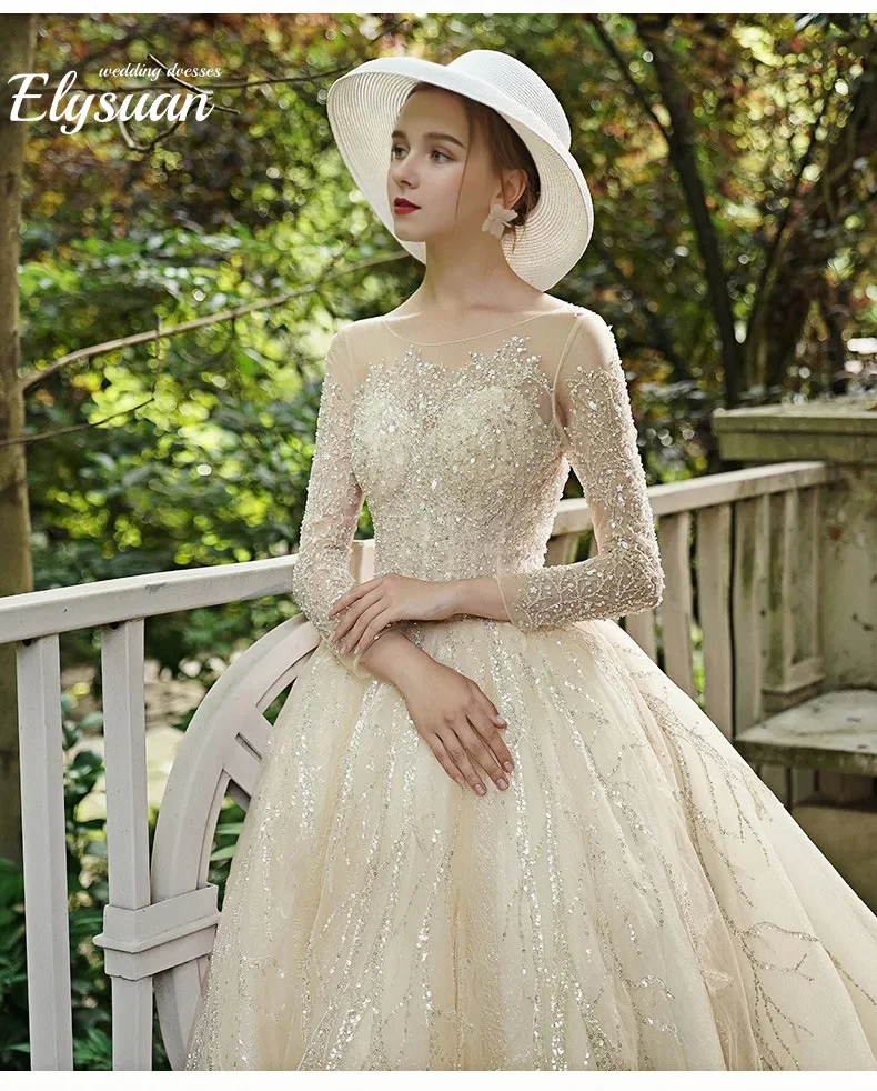 Customized Long Sleeved Wedding Dress Forest Style Dignified Starry Sky Sequin Embroidery Super Fairy Dream Princess Tail