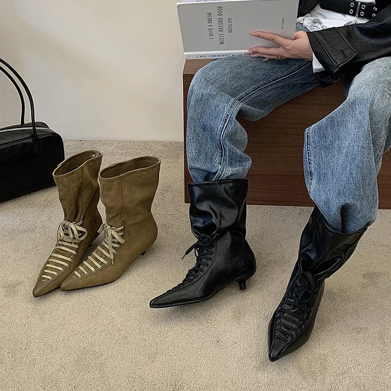 Women PU Pointed Toe LaceUp Ankle Boots Kitten Heel Rubber Sole Mesh Side Zipper Fall Winter Fashion Short Boots F499