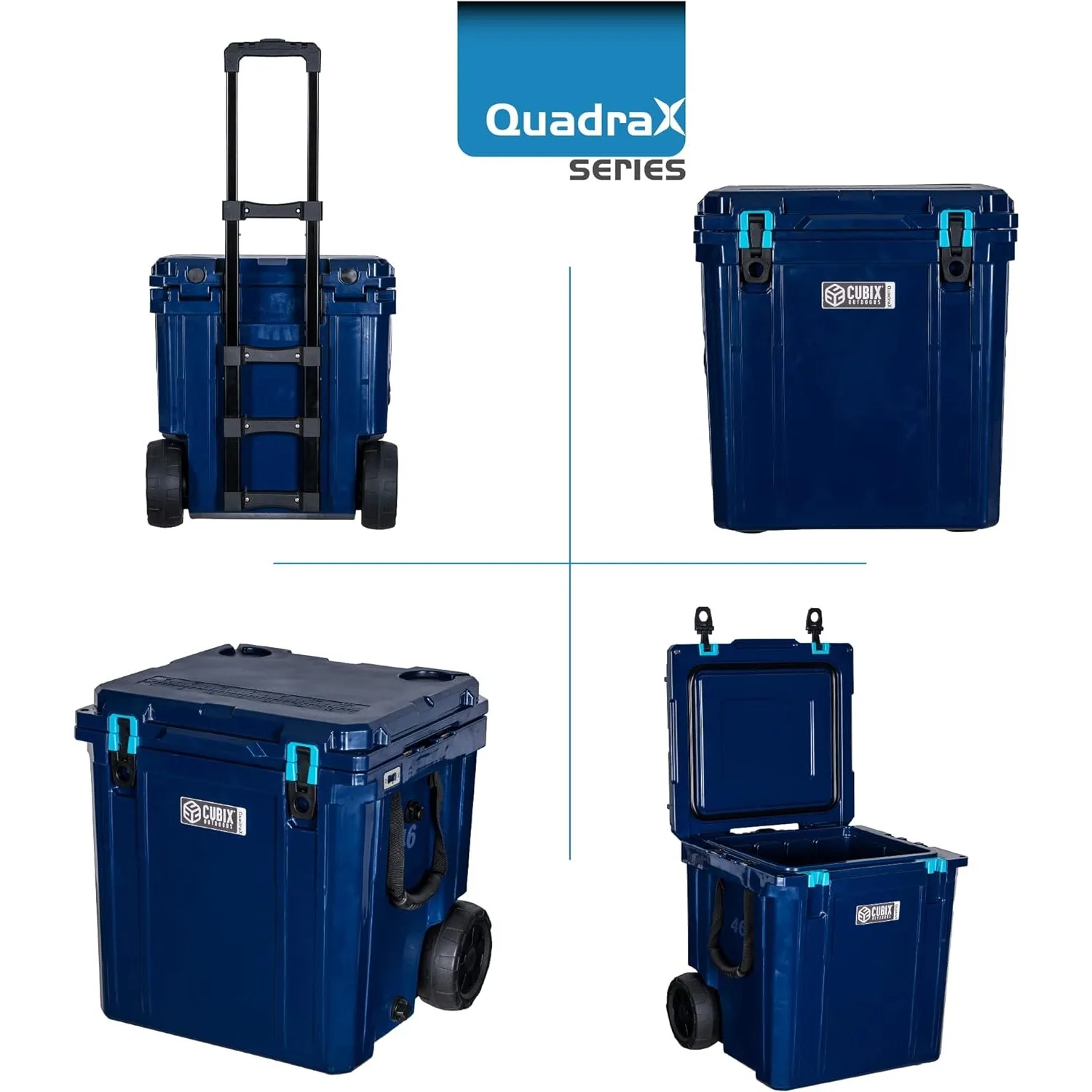 QuadraX 46 Quart Wheeled Rotomolded Portable Hard Cooler for Camping Fishing Beach Heavy Duty Insulated Ice Chest