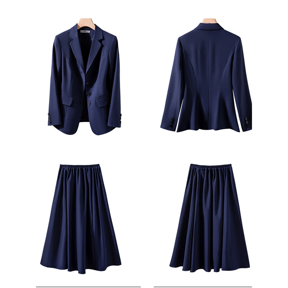 Two-Piece Office Suit Set for Lady, Belt Blazers, A-Line, Mid-Length Skirt, Commuter Temperament Suit, Casual, Spring, Autumn