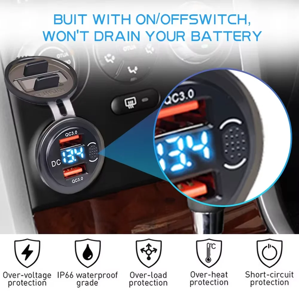 Dual Qc3.0 Car Charger Cigarette Lighter Socket Waterproof Usb Fast Charge with Voltmeter Switch 12/24V Quick Charge Adapter