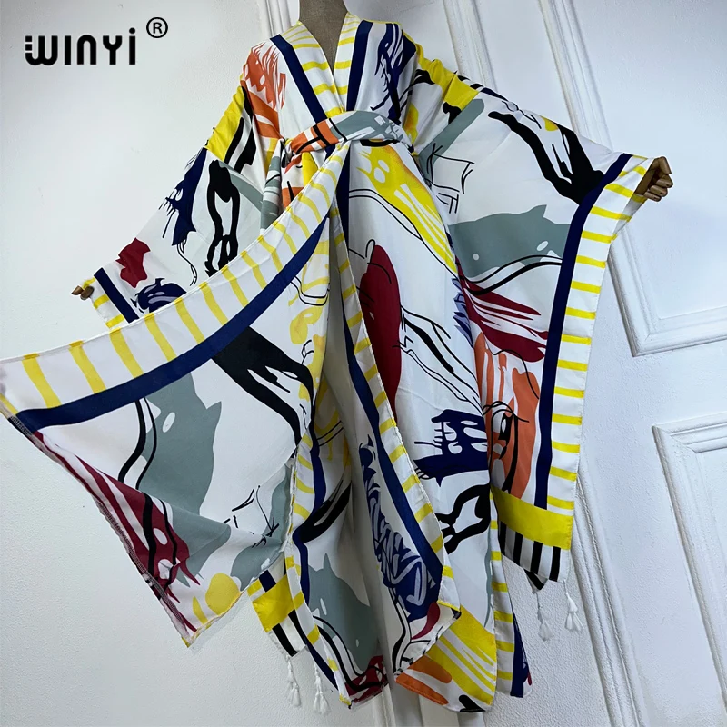 WINYI loose Kimono Beach Wear Cover Up Lady Boho Cardigan abaya dubai luxury beach outfits woman sexy maxi dress muslim kaftan