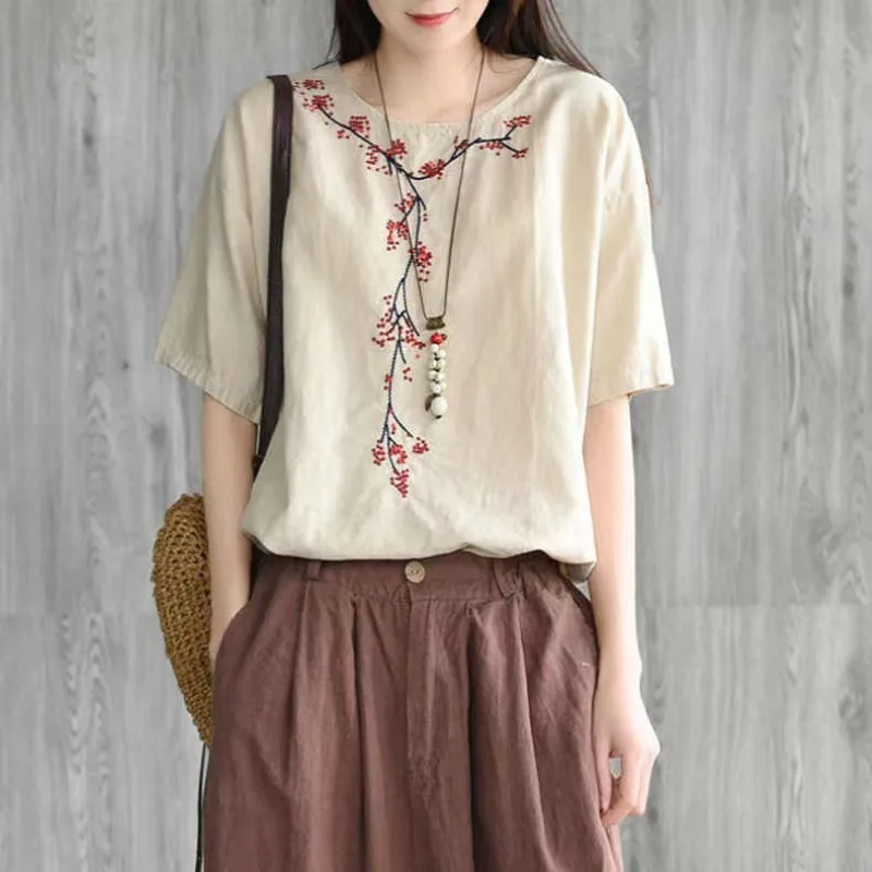 

2026 Summer New Women's Clothing Solid Round Neck Short Sleeve Embroidered Cotton Hemp Loose Casual Size Retro T-shirt Tops