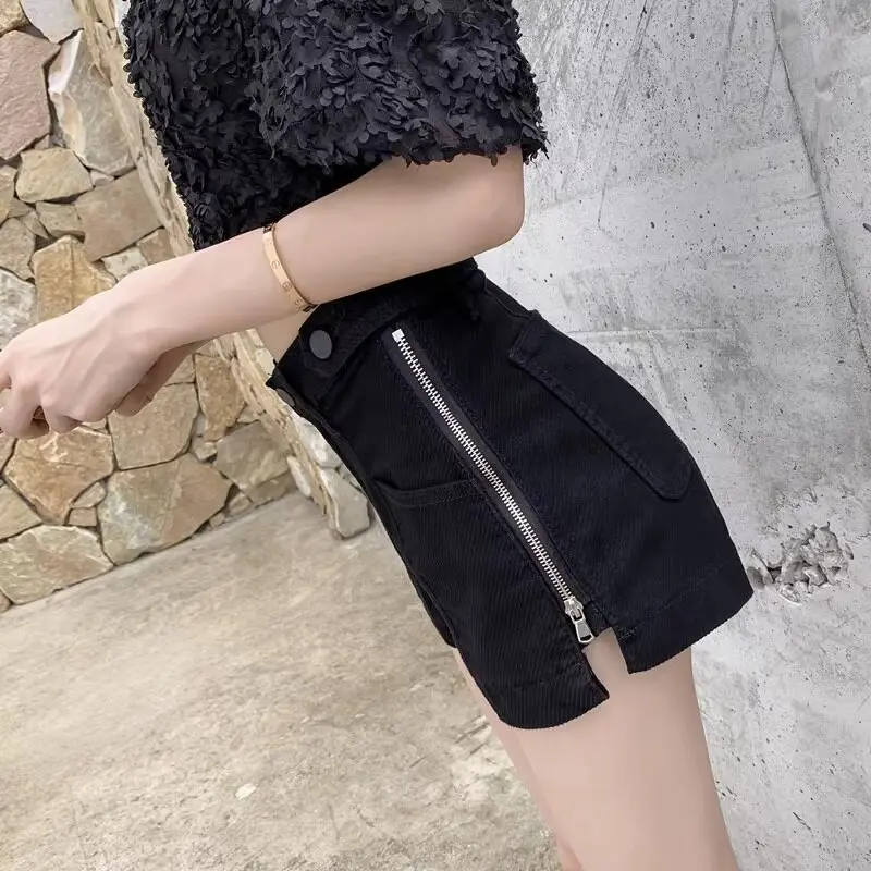 Jeans Shorts Women Straight Denim Short Trousers Side Zipper Split Design Outfits Club Women Clothing Summer Wide Leg Hot Pants