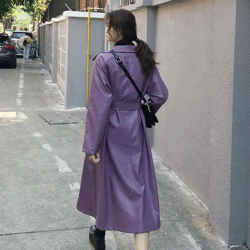 Spring New Women Mid-Length Purple Faux Leather Windbreaker Coat Casual Single-breasted Long Sleeve Female Overcoat Streetwear