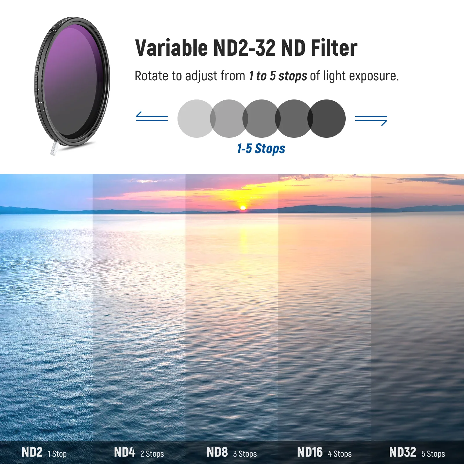 NEEWER ND2-512 (1-9 Stops) HD True Colors Variable ND Filter For Camera 49mm 52mm 55mm 58mm 62mm 67mm 72mm 77mm 82mm