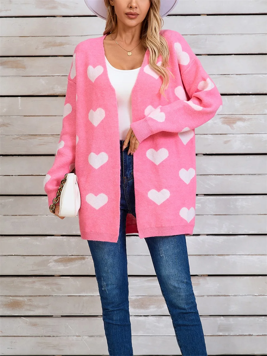 Women s Fall Winter Knit Sweater Cardigan V Neck Long Sleeved Heart Print Open Front Knitwear