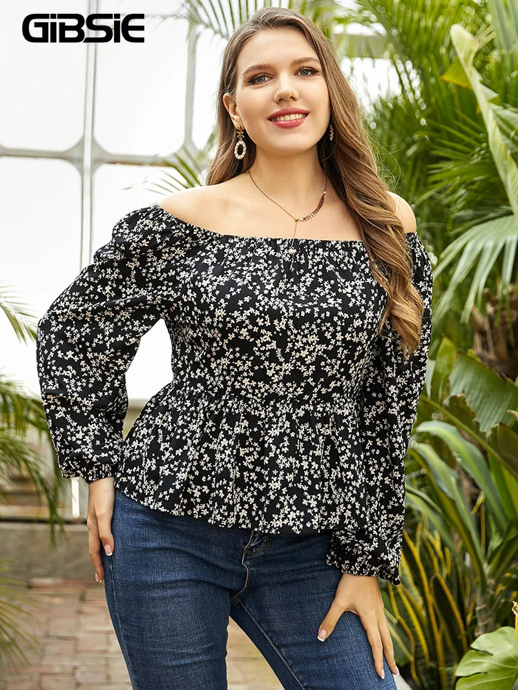 GIBSIE Impressão Floral Fora Do Ombro Tops para Mulheres Plus Size Peplum Blusa Manga Longa Casual Moda Primavera Verão Outono 2023