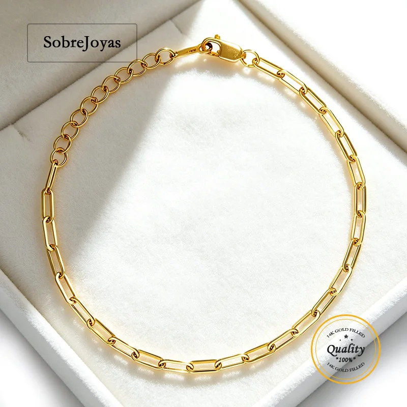 

14K Gold Filled Flat Paperclip Chain Bracelet with 3cm Extender Boho Charms Women's Bridesmaid Gift
