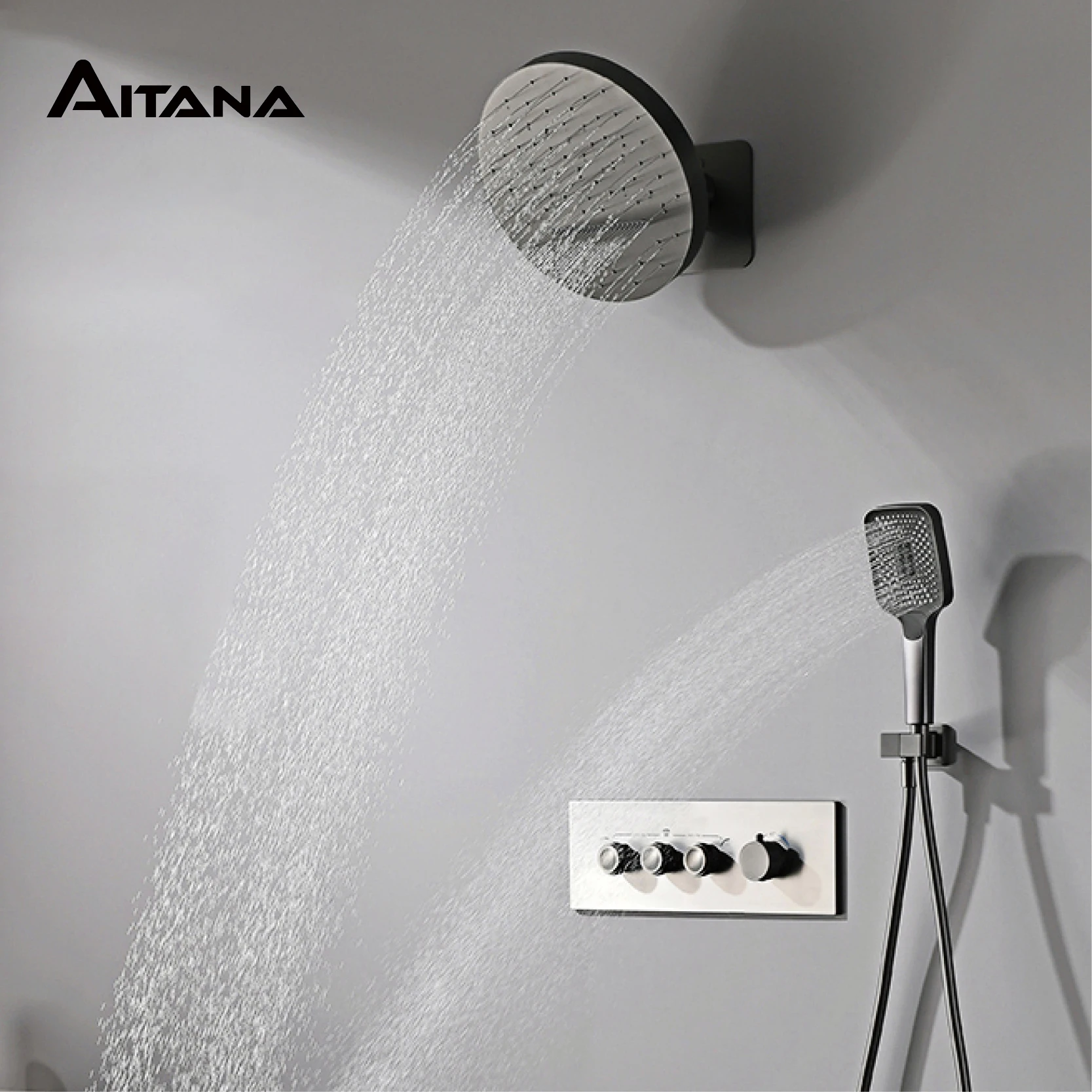 Luxury gun gray hidden shower system wall mounted design with dual control buttons for hot and cold, 3-function bathroom faucet