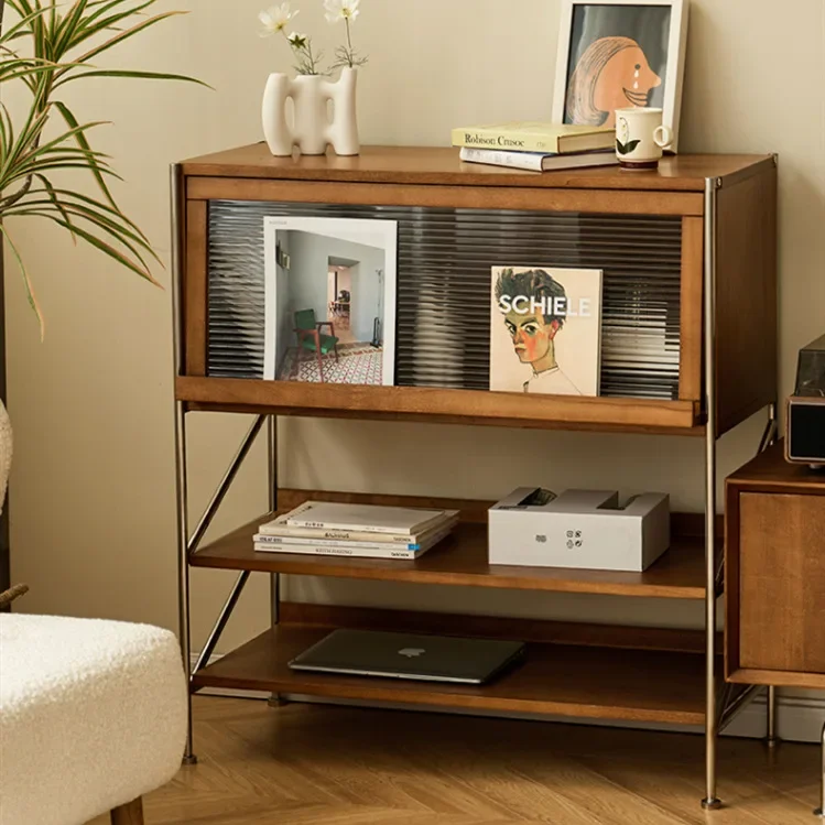 

Nordic Solid Wood Bookcase Magazine Cabinet Simple Living Room Glass Display Cabinet Shelf Japanese Storage Side Organizer