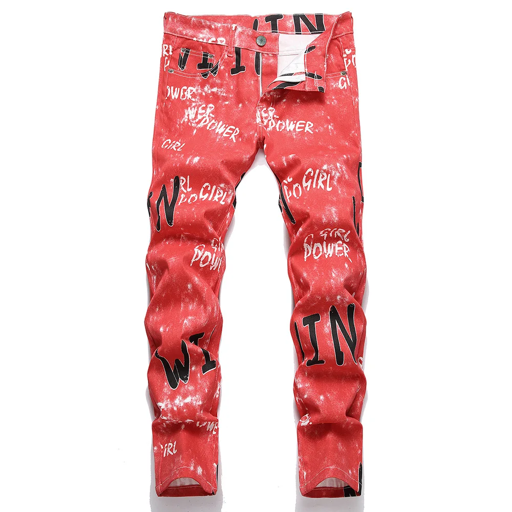 

Men Letters Print Jeans Fashion Y2K Pants Stretch Cotton Denim Slim Straight Trousers
