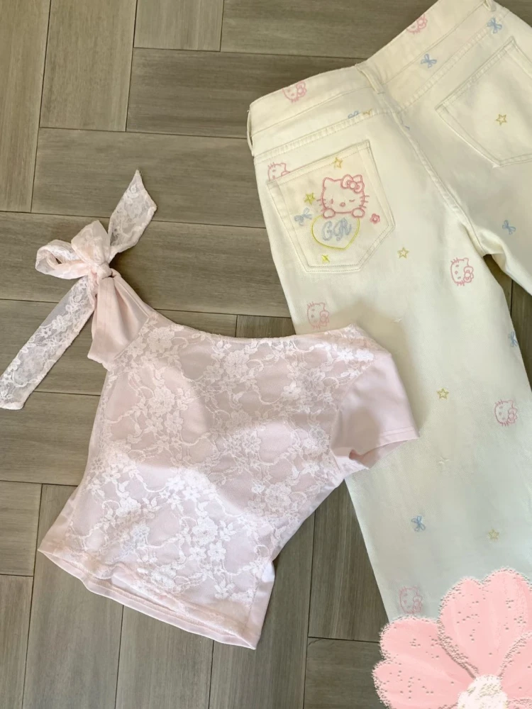 Korean Sweet Hottie Short Sleeve Lace Bow Tops Female Design Sense Slant Shoulder Tees New Fashion Summer's Women Clothes 2025
