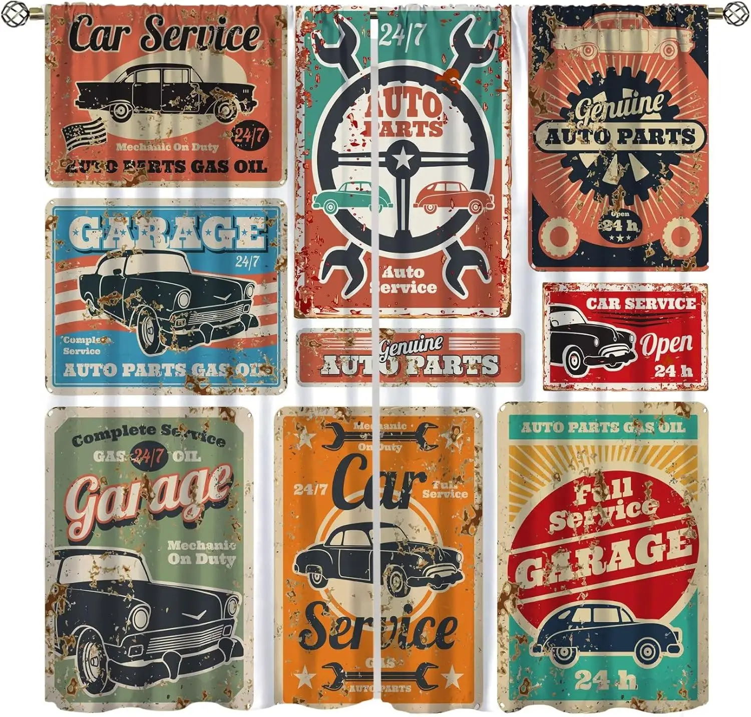 Garage Curtains, Vintage Man Den Repair Garage Tool Shed Workshop Vintage Car Curtains for Boys Men Teens Bedroom Living Room