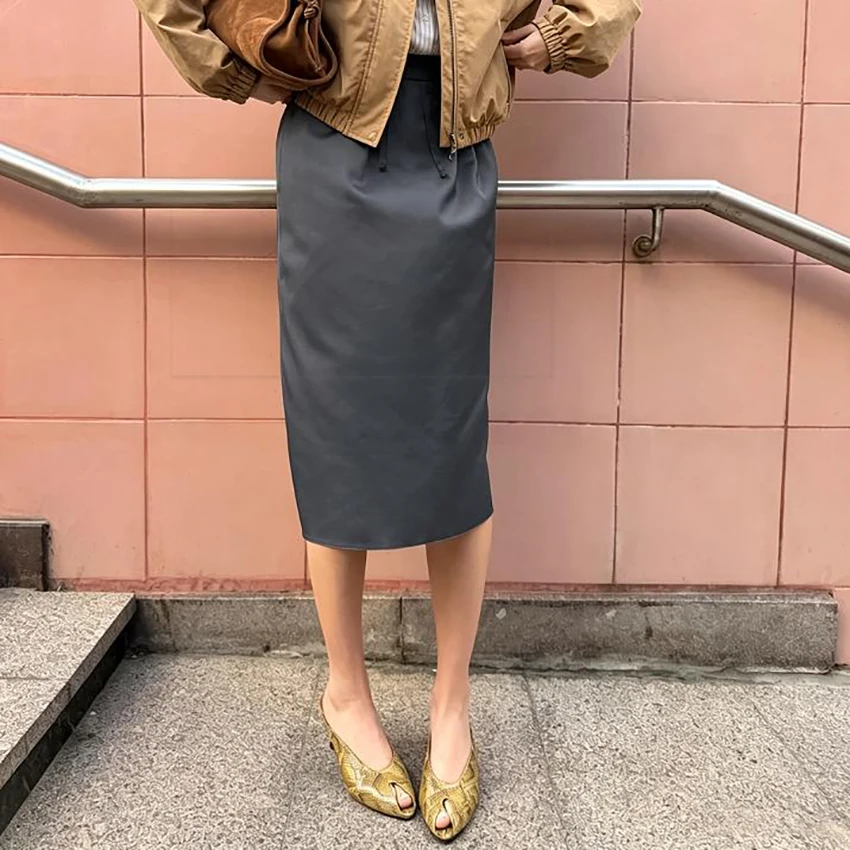 Linad Elegant Gray Satin Mid Calf Skirts Woman Autumn Office Lady Loose Straight Skirt 2026 Street Chic Drawstring Skirts Female