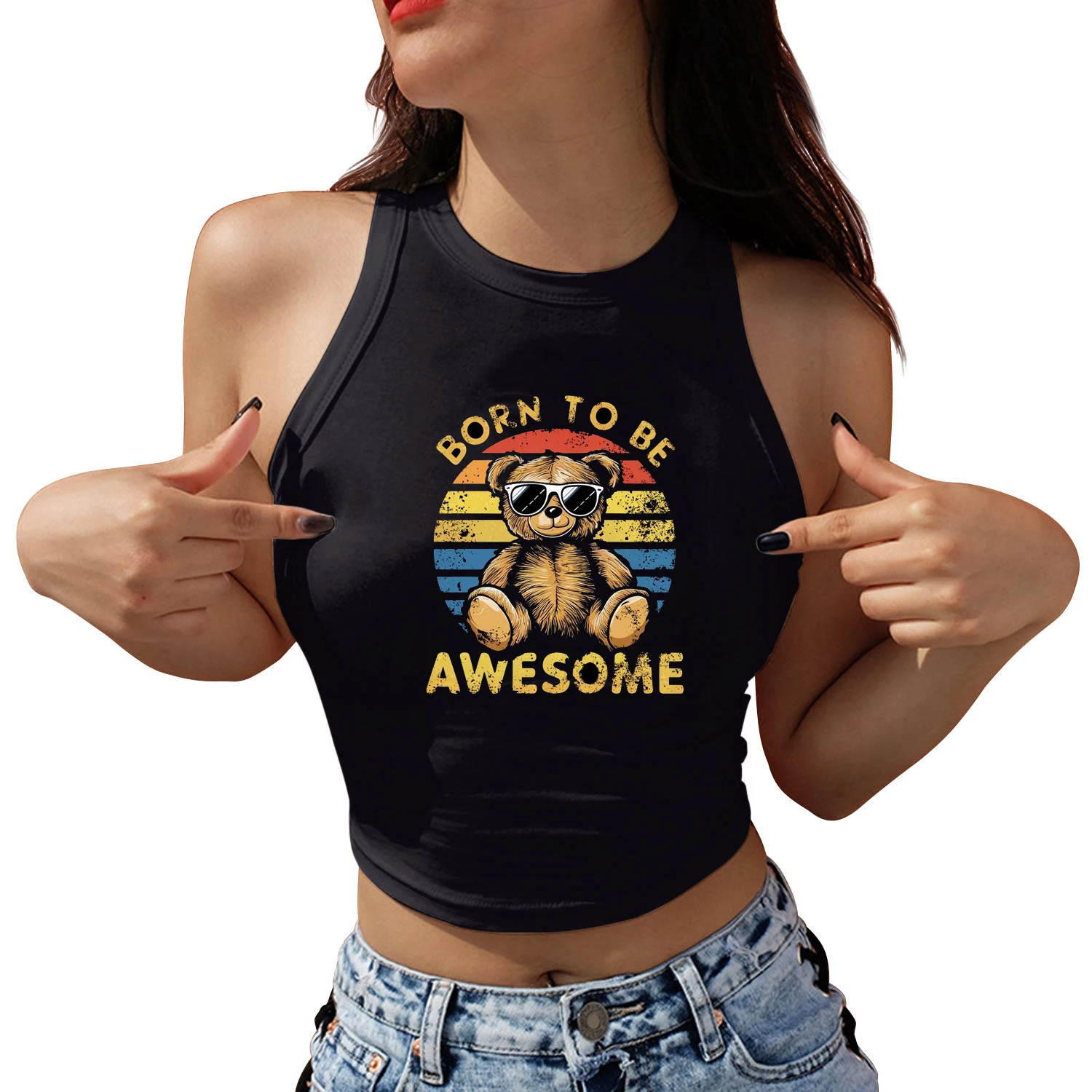 Born To Be Awesome Cute Cat Panda Bear Graphic Printed Women's Sexy Crop Top Streetwear Summer Harajuku Casual Y2K Tank Tops