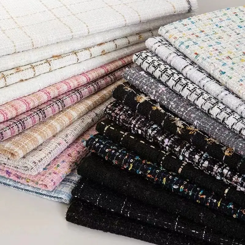 Tweed Fabric Per Meter for Coat Bag Skirt Bouquet Packaging Diy Sewing Needlework Cloth Sequin Plaid Soft Comfortable Black Pink view 4