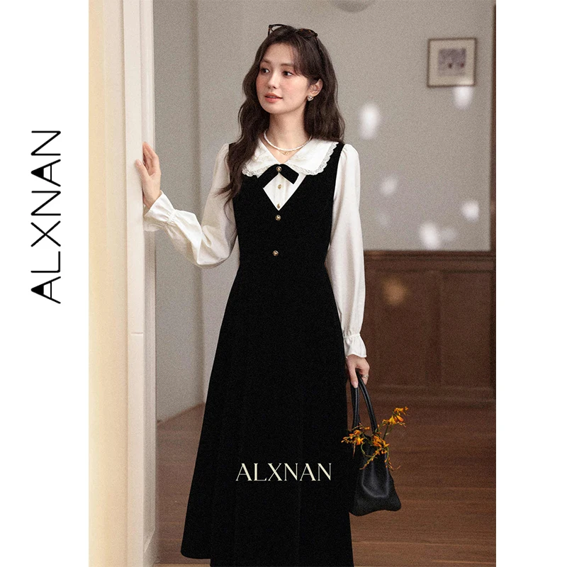 

ALXNAN French Style Fake Two-Piece Black Shirt Dress Women Long Dress Elegant Lace Patchwork Floral Metal Buttons Clothes L59818