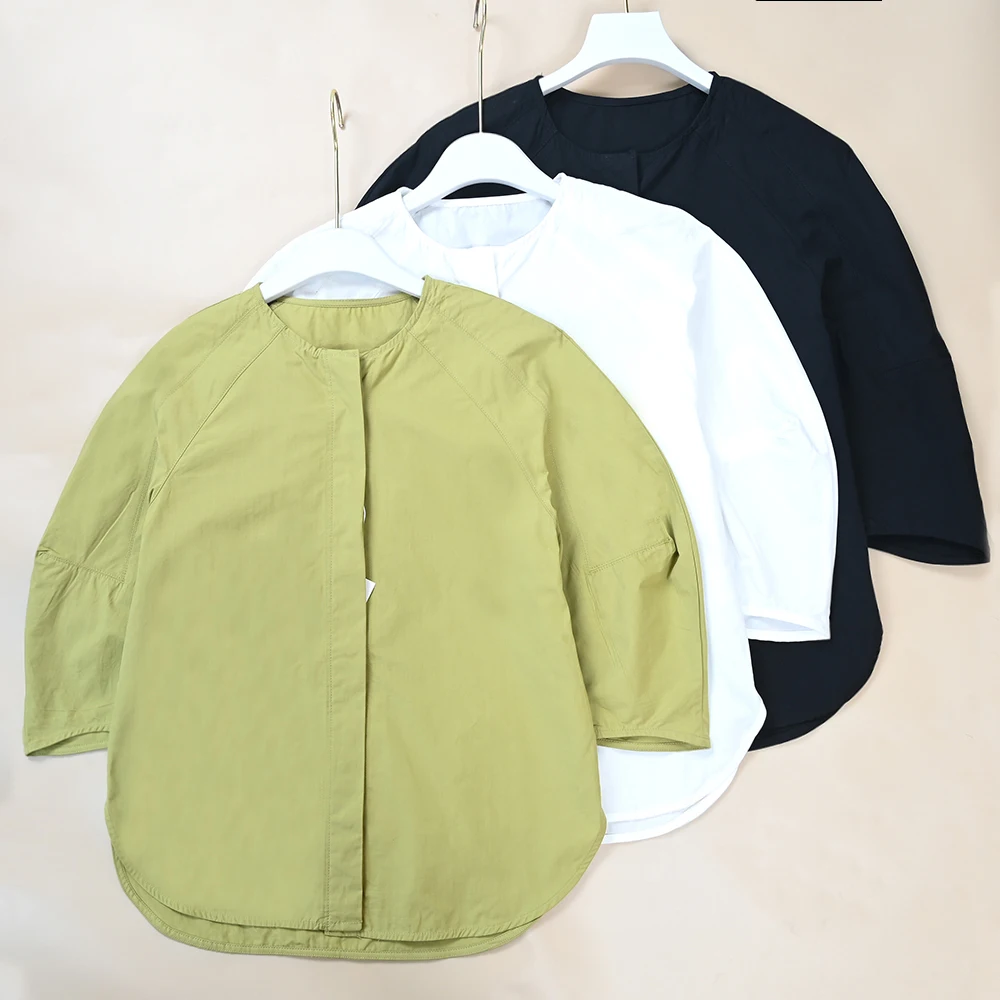 

Spring Summer New Women's Cotton round Neck Casual Three-quarter Sleeve Hidden Button Shirt Breathable Loose Fit Comfortable