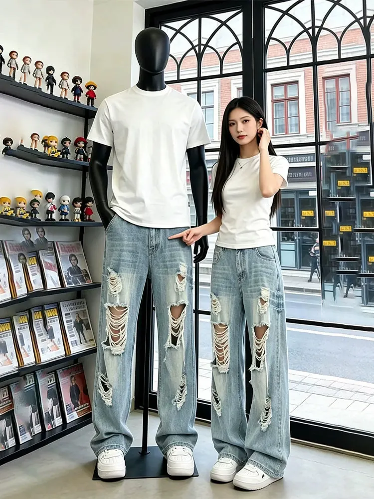 Lightning Bamboo Node Pattern Men's Summer American High Street Vibe Flared Straight Leg Jeans Trendy Brand Casual Pants
