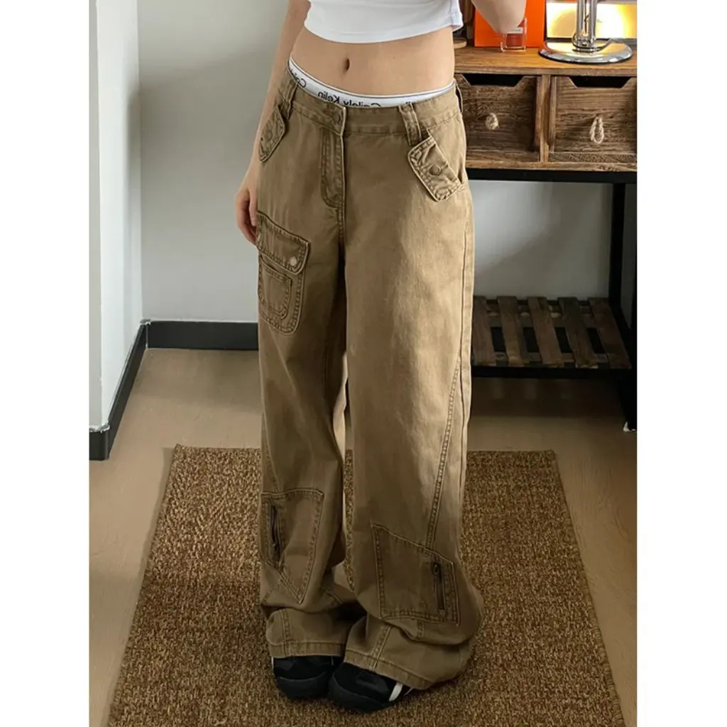 

Women's Retro Khaki Micro-Lara Workwear Pants Straight Loose Wide-leg Denim Jeans for Autumn New Design Sense Fashion
