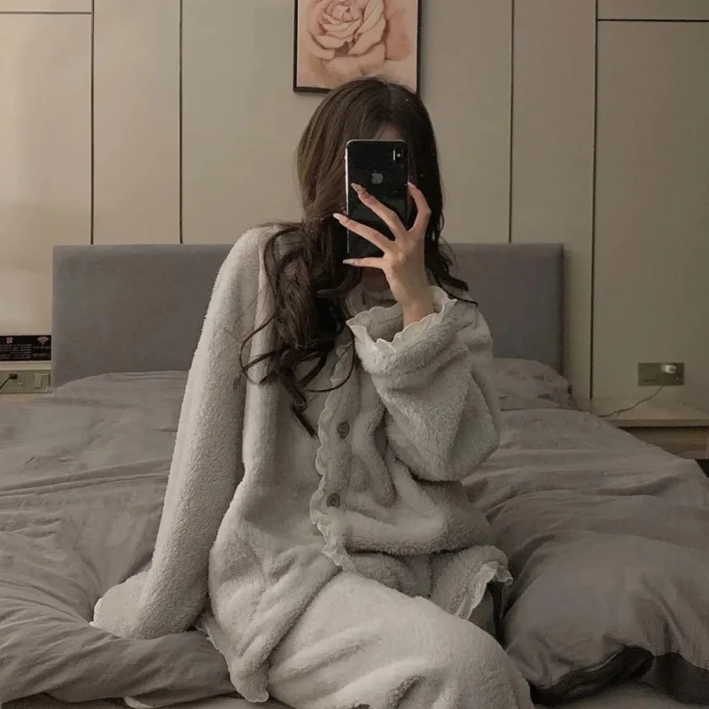 

Фланелевые пижамы, теплые толстые плюшевые флисовые пижамы, пижамы с длинными рукавами и карманами на пуговицах, мягкий уютный комплект одежды для сна из кораллового флиса