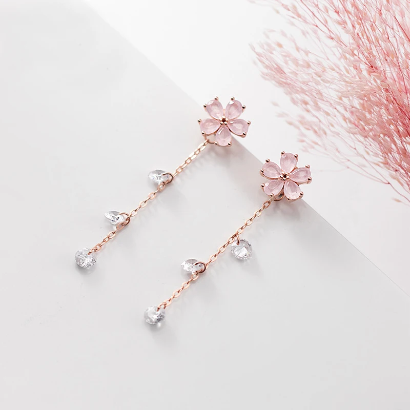 MloveAcc Ins Trendy Pink Flower Earrings Stud W/ Clear CZ Ziron Tassel 925 Sterling Silver Jewelry Women New Design