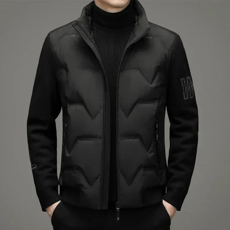 Winter 2025 Light Down Jacket Gray Duck Fake Two-piece Vest Knitted Sleeve Casual Stand Collar Short Coat Men's Jack